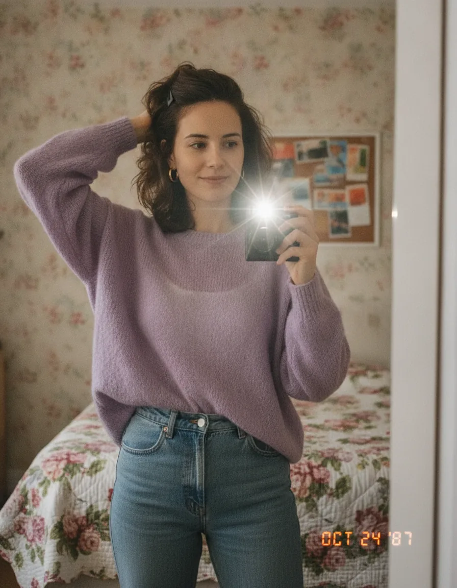 Bedroom Mirror Flash Snapshot: a 1980s-style edit made with this prompt