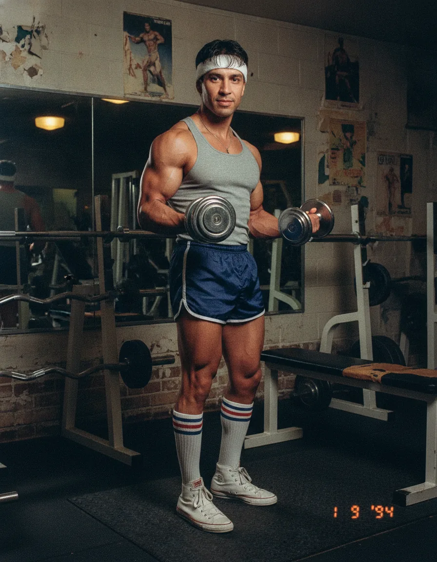 Old-School Bodybuilding Gym: a 1980s-style edit made with this prompt