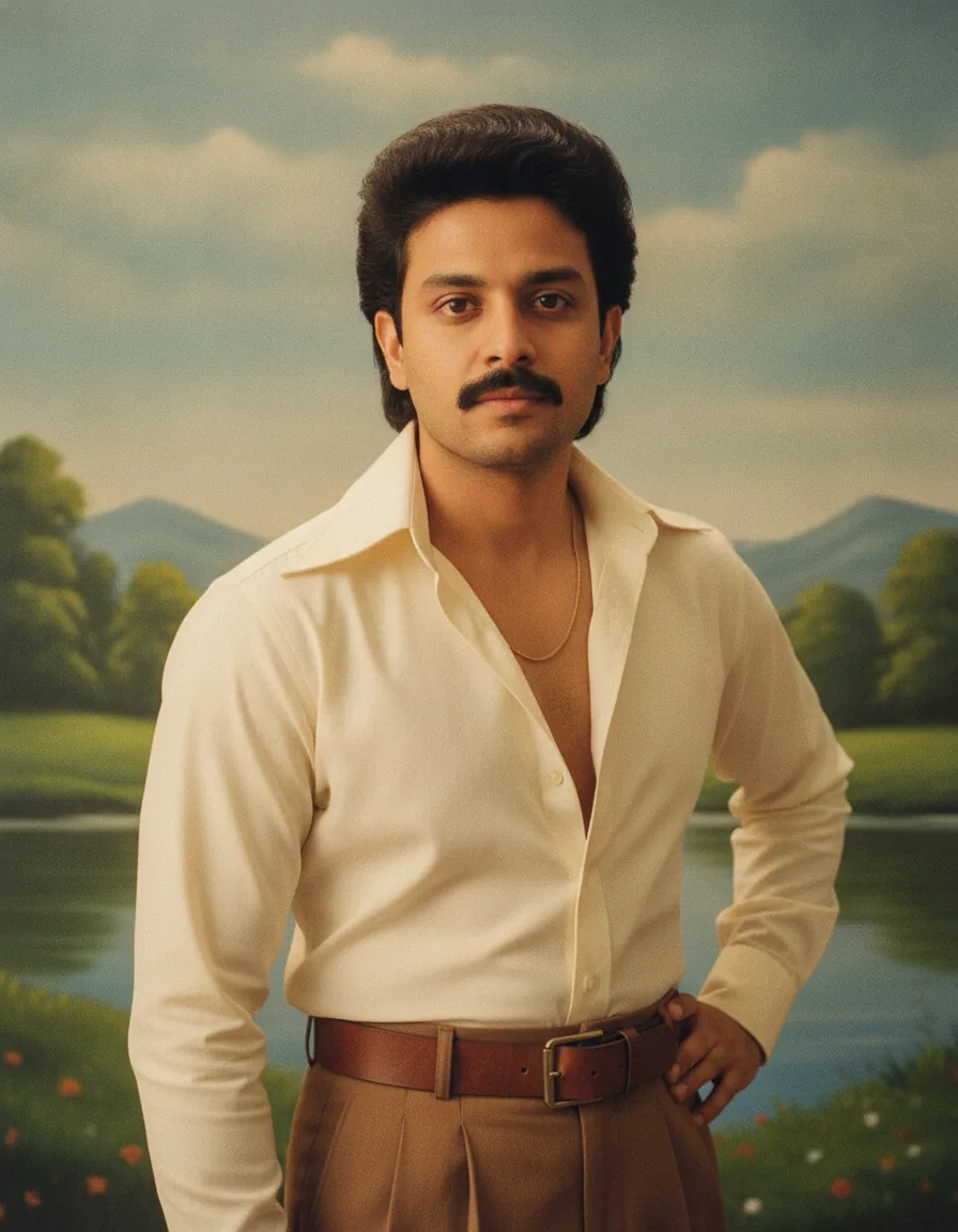 Bollywood Hero Studio Portrait: a 1980s-style edit made with this prompt