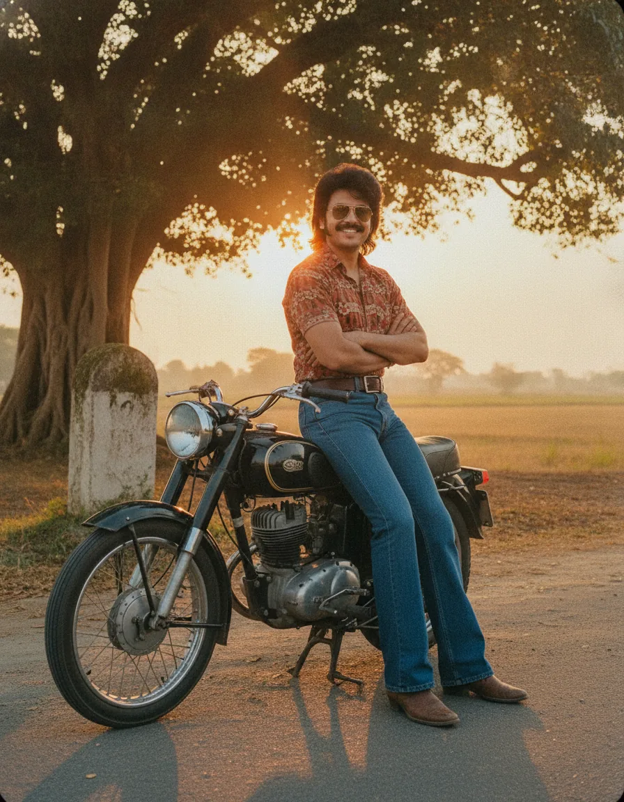 Filmi Hero With Vintage Motorcycle: a 1980s-style edit made with this prompt