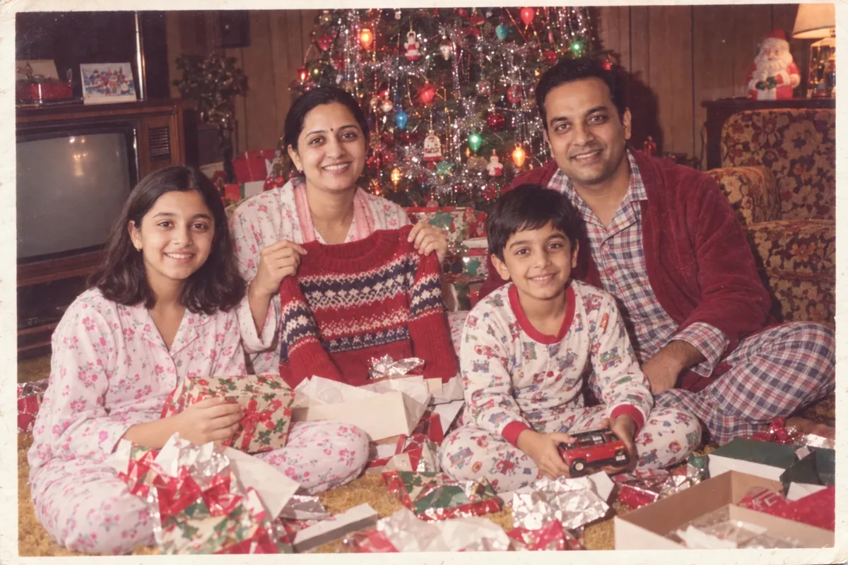 Christmas Morning Family Snapshot: a 1980s-style edit made with this prompt