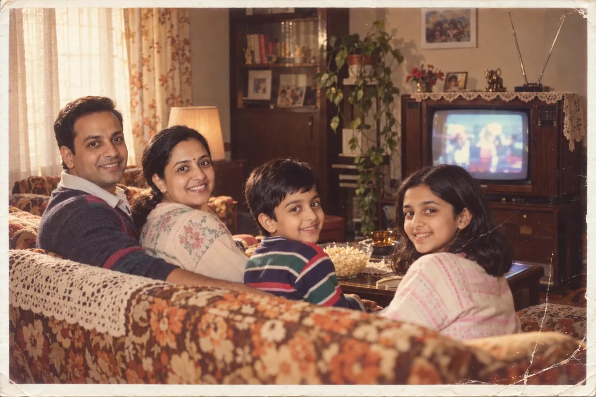 Family Afternoon in Front of the TV: a 1980s-style edit made with this prompt
