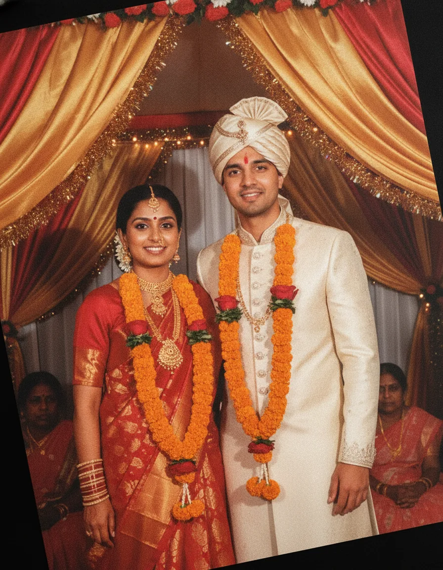 Indian Wedding Album Portrait: a 1980s-style edit made with this prompt