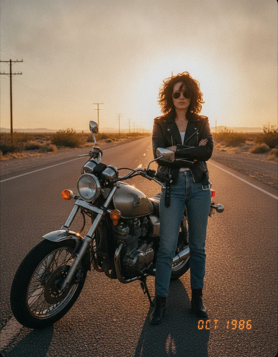 Leather Jacket Motorcycle Road: a 1980s-style edit made with this prompt