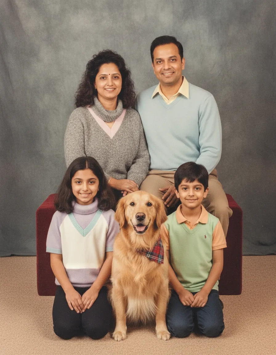 Mall Photo Studio Family Portrait: a 1980s-style edit made with this prompt
