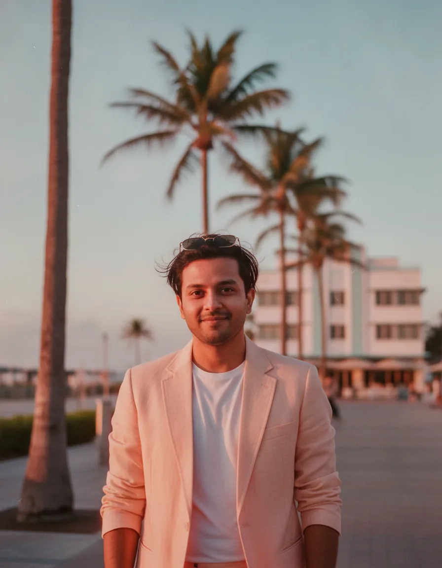 Pastel Beachfront Sunset Portrait: a 1980s-style edit made with this prompt