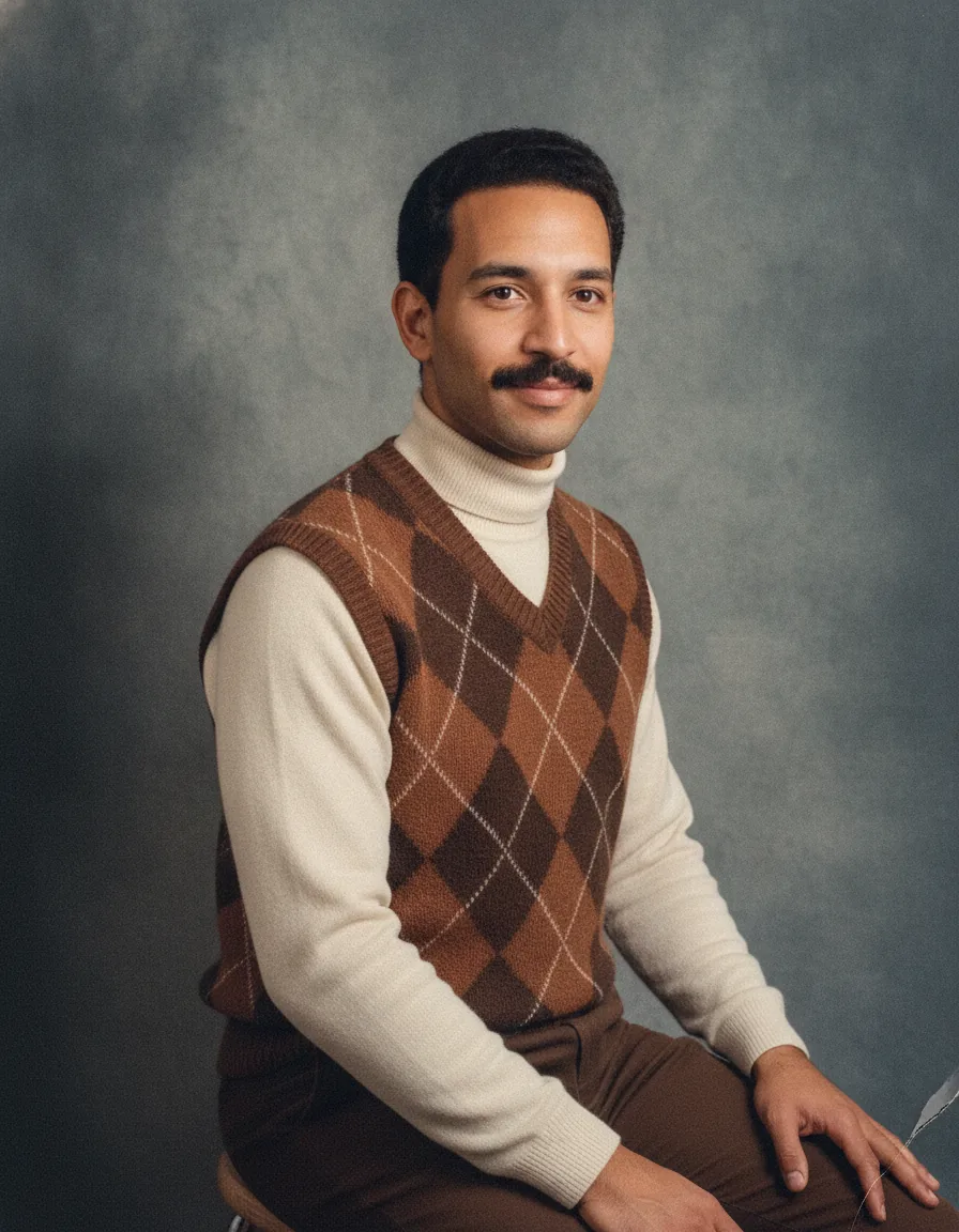 Moustache And Sweater Vest Portrait: a 1980s-style edit made with this prompt
