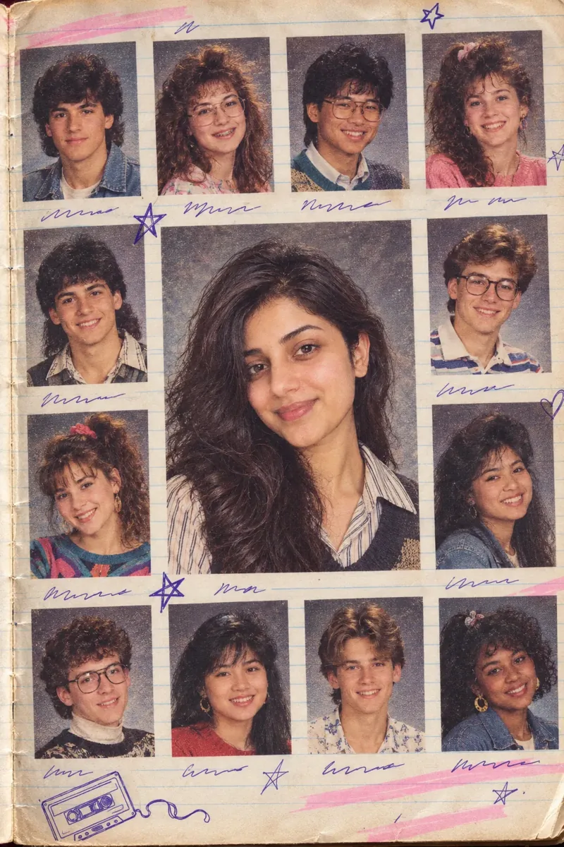 Yearbook Page Collage With Classmates: a 1980s-style edit made with this prompt