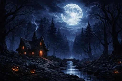Moonlit Dark Fantasy Cottage: example image made with this AI prompt