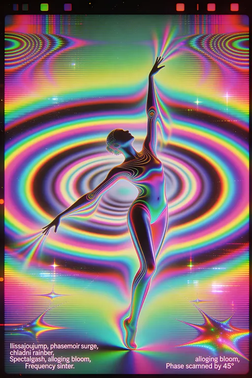 Iridescent Aerobic Dancer in Moiré: example image made with this AI prompt