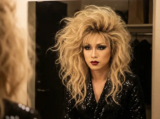 Teased Blonde Glam Rock Mirror Portrait: example image made with this AI prompt