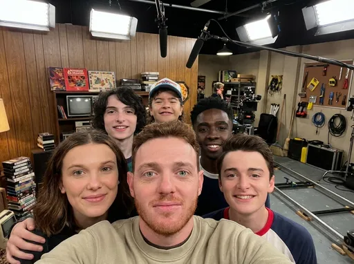 Retro Basement Set Cast Selfie: example image made with this AI prompt
