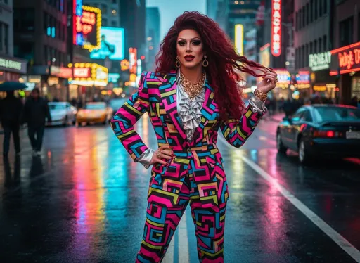 Drag Queen on Neon Street: example image made with this AI prompt