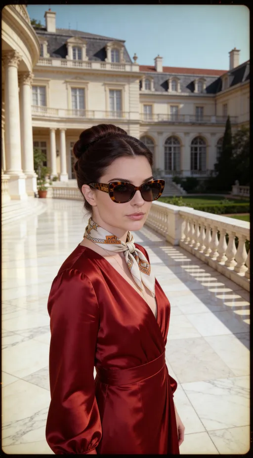 Red Silk Dress on Estate Terrace: example image made with this AI prompt