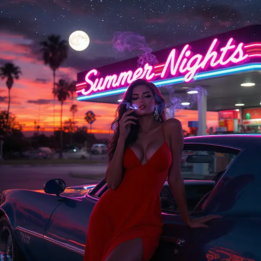 Red Dress at Neon Gas Station: example image made with this AI prompt