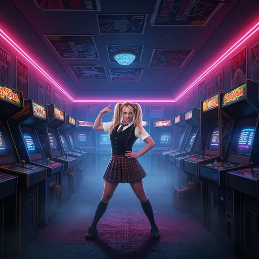 Pigtailed Schoolgirl in a Neon Arcade: example image made with this AI prompt