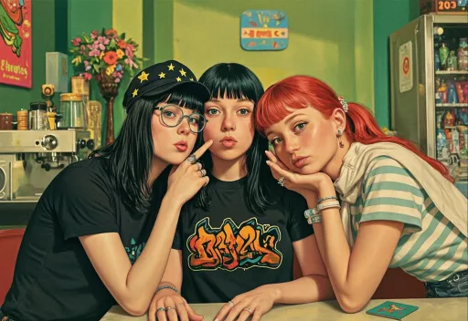 Three Friends at Retro Diner: example image made with this AI prompt