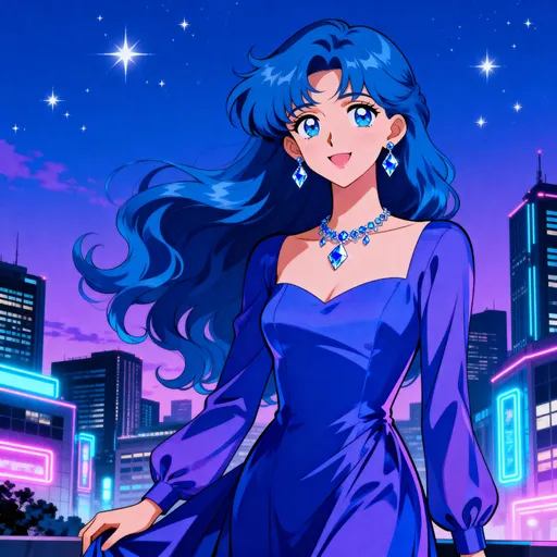 Sapphire Anime Girl City Night: example image made with this AI prompt