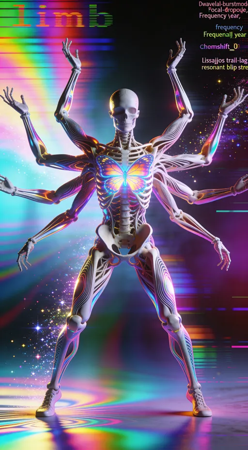 Multi-Armed Rainbow Glitch Skeleton: example image made with this AI prompt