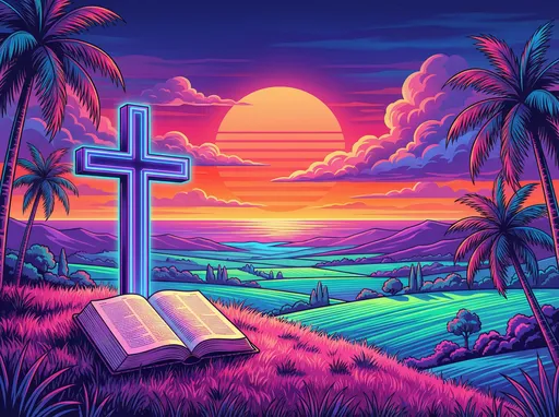 Synthwave Cross and Open Bible: example image made with this AI prompt