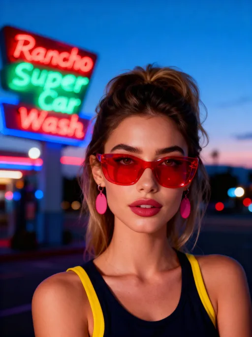 Neon Car Wash Twilight Portrait: example image made with this AI prompt