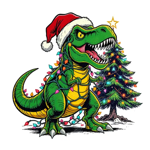 Christmas T-Rex in Fairy Lights: example image made with this AI prompt