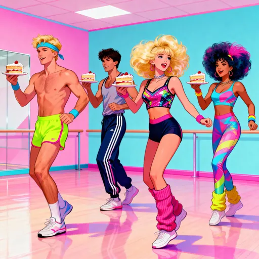 1980s Illustration Prompts example: Aerobics Class With Cake