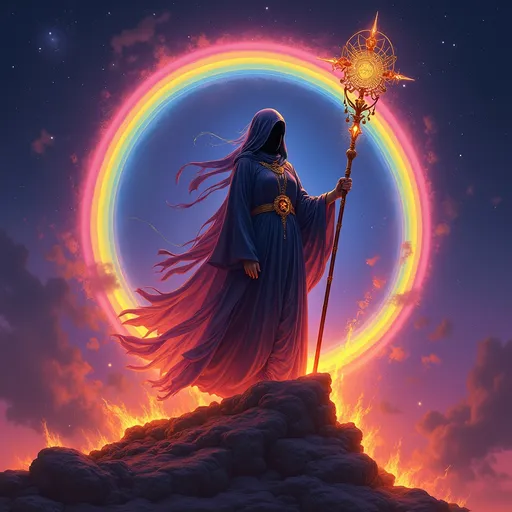 Veiled Mage on Fiery Mountain: example image made with this AI prompt