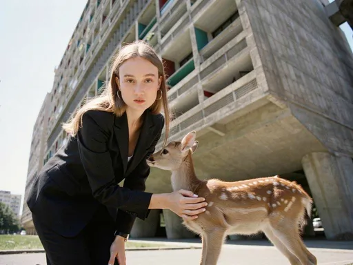 Suited Woman and Fawn at Brutalist Block: example image made with this AI prompt