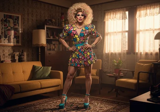 Drag Queen in Retro Living Room: example image made with this AI prompt