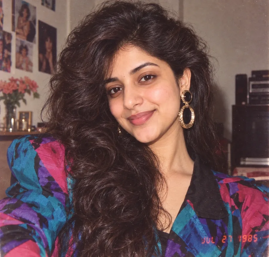 The same woman restyled as a 1985 photo with big curly hair, a patterned shoulder-pad jacket and an orange date stamp